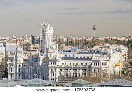 Panoramic view to The Cybele Palace on Cybele square in Madrid Spain