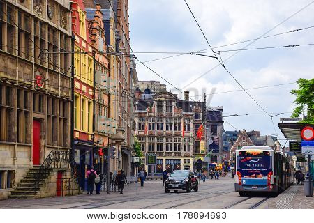 Ghent Belgium-June 12 2016: View of the street with historical medieval buildings at the old town of Ghent