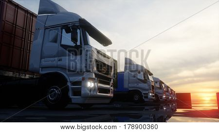 Truck in container depot, wharehouse, seaport. Cargo containers. Logistic and business concept. 3d rendering