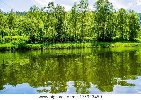 the sky is blue, the river mountains water wet nature white