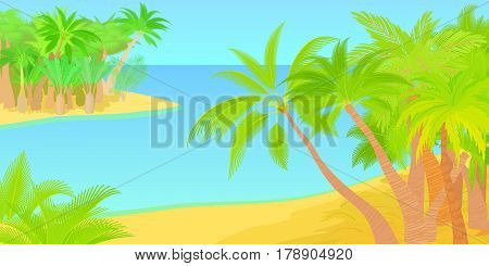 Palms horizontal banner concept iskand. Cartoon illustration of palms island vector horizontal banner for web