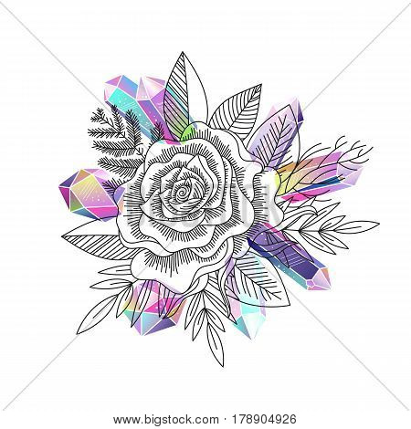 Natural greeting card. Black and white rose leafs and branches in line art gradient multicolored crystals gemstones isolated. Vector illustration.
