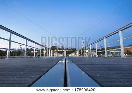 El Rompido marina footbridge at sunset Cartaya Huelva Spain. Low angle view