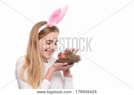 Happy Easter Girl In Bunny Ears With Red Painted Egg