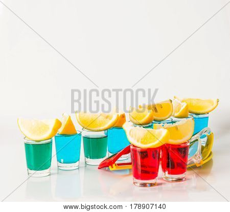 Glasses With Blue, Green And Red Kamikaze, Glamorous Drinks, Mixed Drink Poured Into Shot Glasses, S