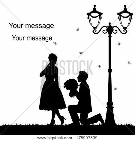 Wedding card with the newlyweds on a white background with a street lamp. Bride and groom. Also suitable for invitation card. Vector illustration.