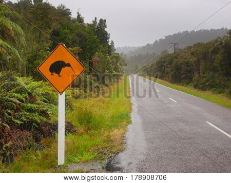 Kiwi Crossing Sign In Rain