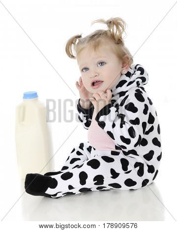 An adorable baby girl wondering what she's doing in a cow outfit sitting by a half gallon of milk.  On a white background.