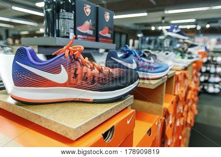 New York March 11 2017: Nike shoes are set on display in a shoe store.
