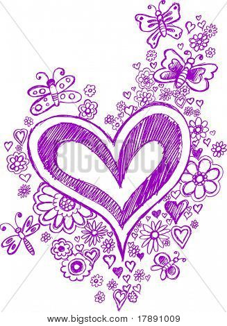 Purple Sketchy Hearts and Flowers Vector Illustration