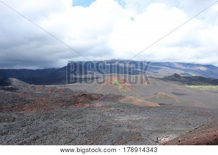 Black And Red Ash, Valley Of Hills, After Volcanic Eruption
