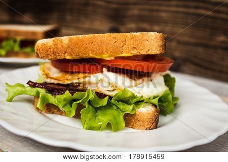 blt sendwich with egg on wooden background