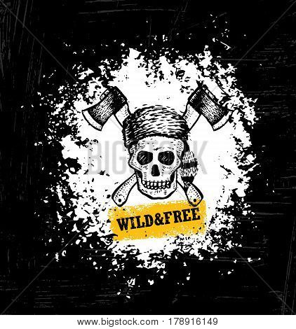 Wild And Free Skull Wearing Coonskin Hat With Two Crossed Axses Illustration On Rough Grunge Background
