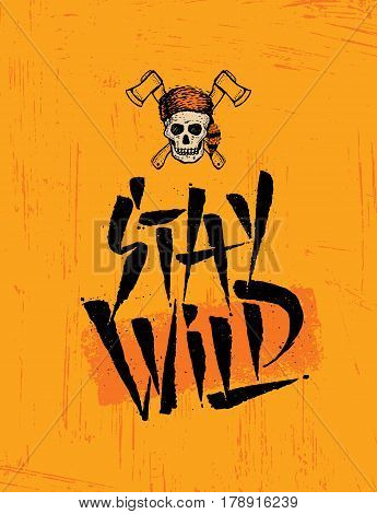 Wild And Free Skull Wearing Coonskin Hat With Two Crossed Axses Illustration On Rough Grunge Background