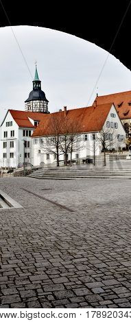 Landscape with the historic City Tower of Backnang