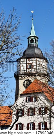 Landscape with the historic City Tower of Backnang