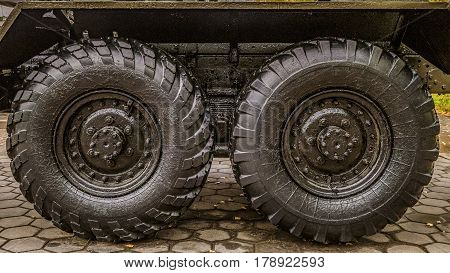 Chassis pneumatic rear stroller the Soviet artillery multiple rocket launchers on the undercarriage of truck during second world war. Truck wheels BM-13 