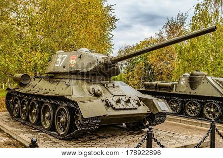 Belgorod Russia - October 08 2016: Soviet medium tank of world war II T-34 on the outdoor area of the Museum diorama.