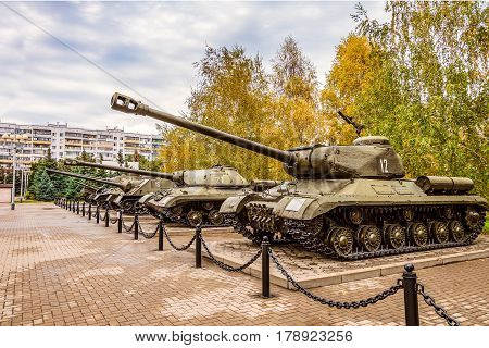Belgorod Russia - October 08 2016: Outdoor area of the Museum diorama exhibition samples of Soviet military equipment during the second world war. In the foreground heavy tank IS-2.