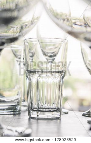 water glass on the shelves Drinking water container Empty water glass