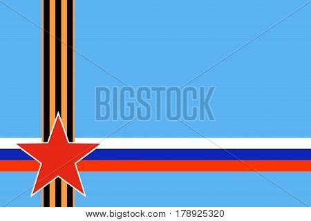 Red star of Russian armed forces with intersection St. George ribbon and Russian flag on blue background. Symbols may 9 victory day and Fatherland defender's day February 23. Image with copy space.
