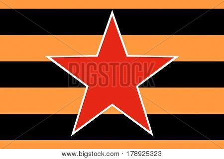 Red star of the Soviet and Russian armed forces on the background of the St. George ribbon closeup.