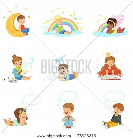 Happy kids dreaming and fantasizing. Cartoon detailed colorful Illustrations isolated on white background