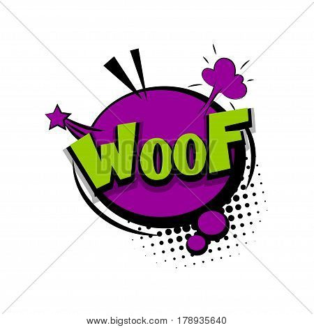 Lettering woof dog. Comics book halftone balloon. Bubble icon speech phrase. Cartoon exclusive font label tag expression. Comic text sound effects dot back. Sounds vector illustration.