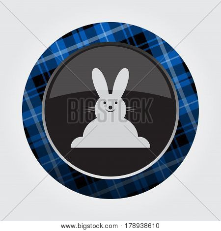 black isolated button with blue black and white tartan pattern on the border - light gray happy smiling rabbit front view icon in front of a gray background