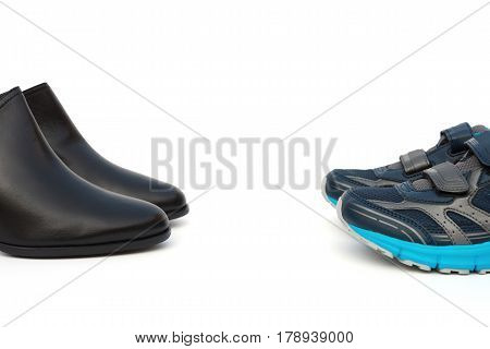 black shoes for son and mom on white as filiation concept