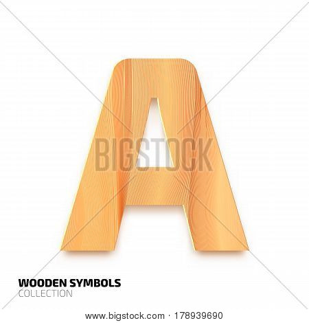Letter of wooden alphabet. Eco letter A isolated on white background. Symbol with the warm wooden texture. Wood symbols collection. Vector illustration