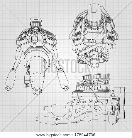 A Set Of Several Types Of Powerful Car Engine. The Engine Is Drawn With Black Lines On A White Sheet