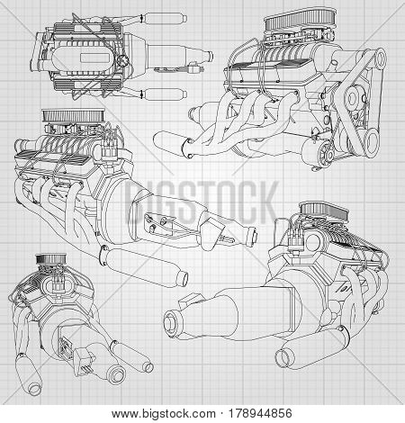 A Set Of Several Types Of Powerful Car Engine. The Engine Is Drawn With Black Lines On A White Sheet