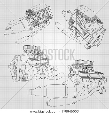 A Set Of Several Types Of Powerful Car Engine. The Engine Is Drawn With Black Lines On A White Sheet