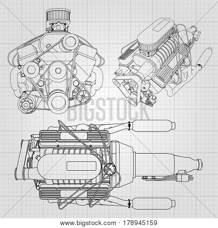 A Set Of Several Types Of Powerful Car Engine. The Engine Is Drawn With Black Lines On A White Sheet