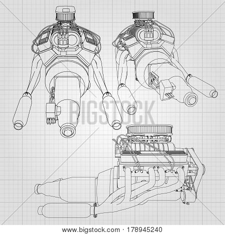 A Set Of Several Types Of Powerful Car Engine. The Engine Is Drawn With Black Lines On A White Sheet