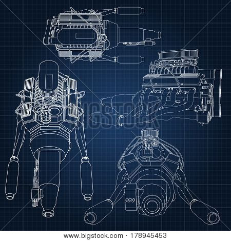 A Set Of Several Types Of Powerful Car Engine. The Engine Is Drawn With White Lines On A Dark Blue S