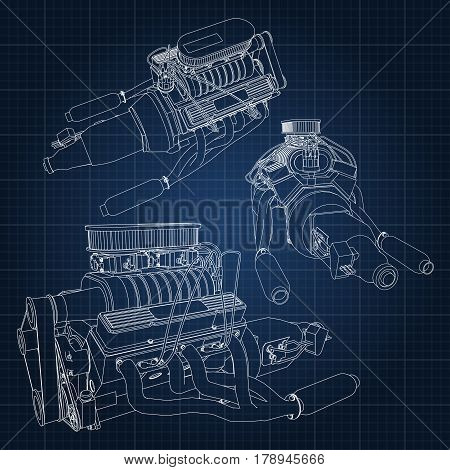 A Set Of Several Types Of Powerful Car Engine. The Engine Is Drawn With White Lines On A Dark Blue S