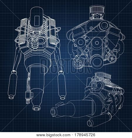 A Set Of Several Types Of Powerful Car Engine. The Engine Is Drawn With White Lines On A Dark Blue S