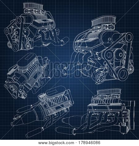 A Set Of Several Types Of Powerful Car Engine. The Engine Is Drawn With White Lines On A Dark Blue S