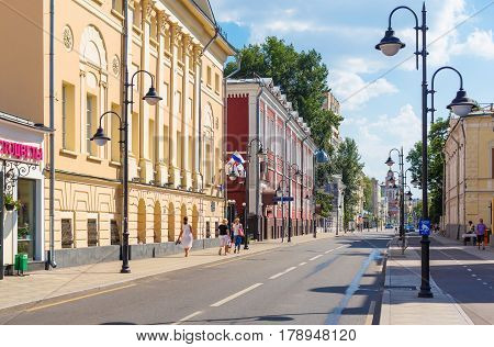 MOSCOW - AUGUST 7 2016: View of Pyatnitskaya street with historical buildings. This area was reconstructed in 2014.