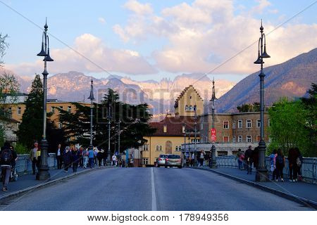 The bridge Talvera in the evening. South Tyrol Bozen Italy - 26.03.2017.