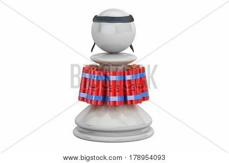 Terrorism concept. Pawn - suicide bomber with explosive belt 3D rendering isolated on white background