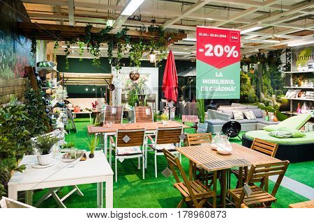 BUCHAREST ROMANIA - APR 1 2016: Interior of KIKA store selling ready-to-assemble garden and outdoor furniture with 20% discount