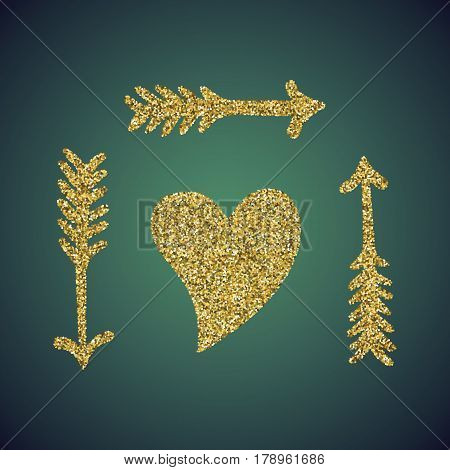 A glamour brilliant jewelry gold glitter in the form of a hand drawn love heart arrow symbol. Elegant decoration of gold round sequins. A small scattering of gold circles in the heart shape