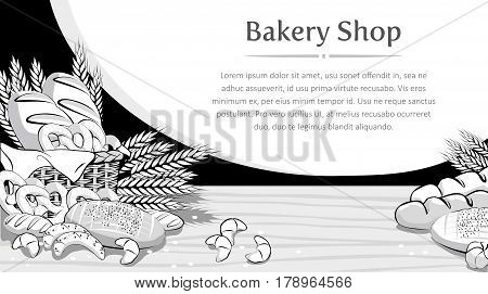 Bakery product basket with bread and other pastries background. Vector illustration