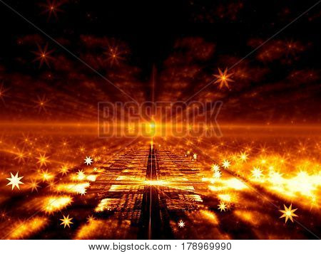 Technology blurred background - abstract computer-generated image. Fractal art: surface with grid and scratces and chaos bright stars. Concept tech backdrop for covers, web design, posters.
