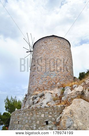stony windmill at Hydra island Saronic Gulf Greece