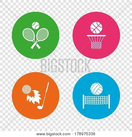 Tennis rackets with ball. Basketball basket. Volleyball net with ball. Golf fireball sign. Sport icons. Round buttons on transparent background. Vector