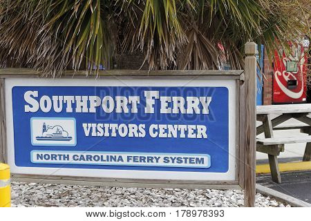 Southport NC USA - September 29 2016: Signs of Southport Ferry Visitors Center and North Carolina Ferry System. Signs to the Southport visitors center and ferry